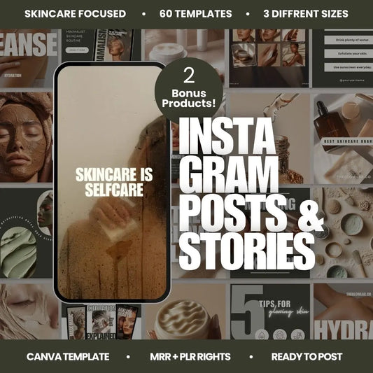 Skincare Instagram Templates – 60 Editable Canva Posts & Stories with PLR + MRR Boundless PLR