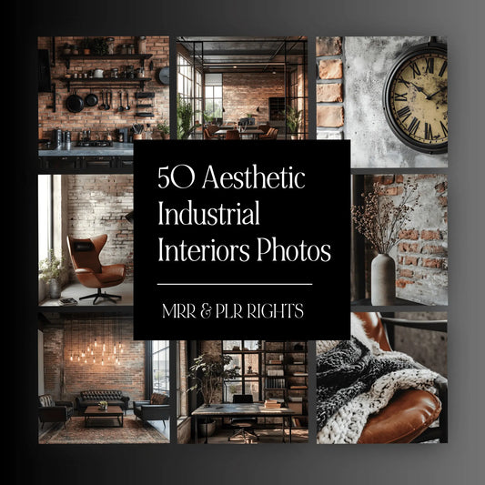 Set of 50 industrial-style interior stock photos with clean, masculine design — includes PLR and MRR for digital product creators