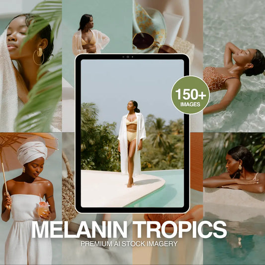 Melanin Tropics: Luxurious Imagery Celebrating Radiant Beauty | AI Images for Bloggers, Memberships, Entrepreneurs Boundless PLR