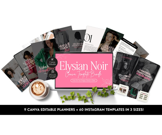 Elysian Noir Canva Templates Bundle with PLR and MRR rights, editable digital products for entrepreneurs, ebooks, guides, and resell-ready content.