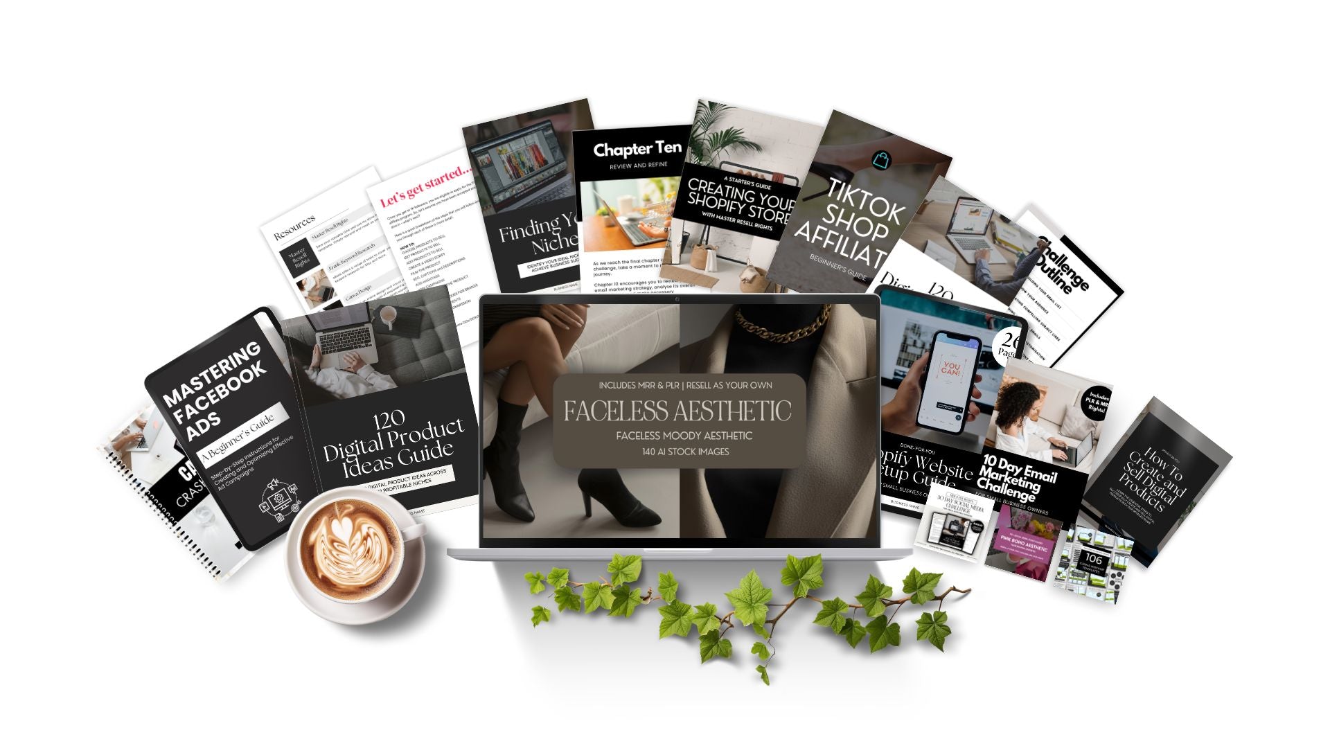 Comprehensive collection of PLR and MRR digital products, including guides on Facebook ads, Shopify store creation, TikTok affiliate marketing, and email marketing challenges, displayed with a modern, professional aesthetic for online entrepreneurs.